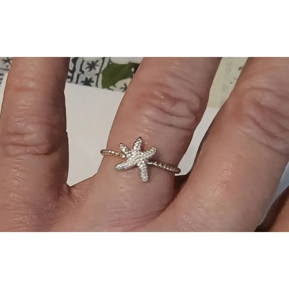 925 Sterling Silver Beaded Band Starfish Sealife Ring Sz 8